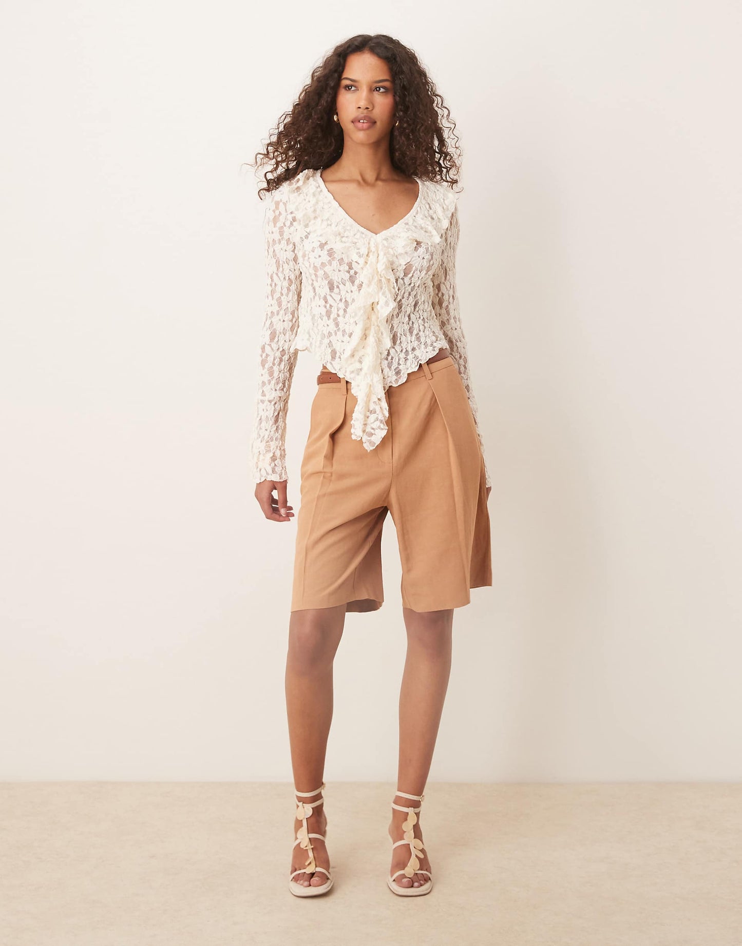 Tie Front Ruffle Detail Textured Lace Top
