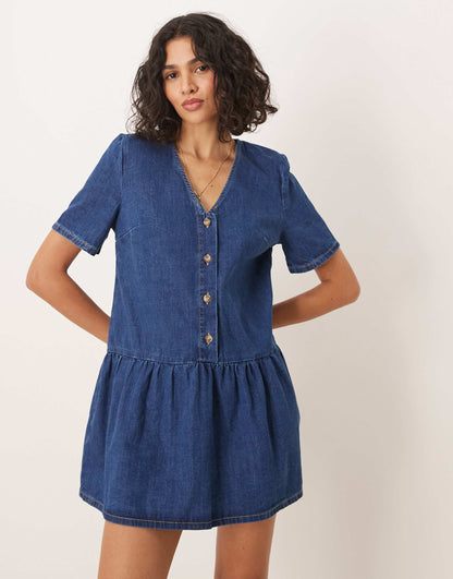 Drop Waist Denim V Neck Mini Dress