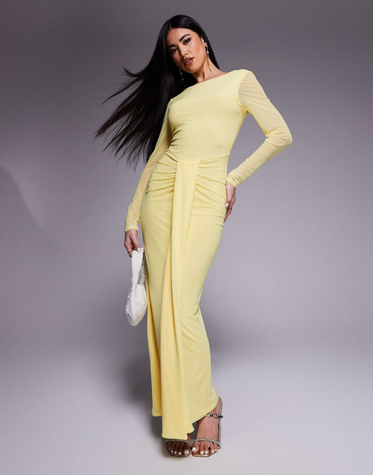 Mesh Long Sleeve Slash Neck Open Back Maxi Dress With Sash