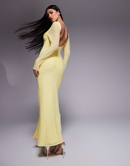 Mesh Long Sleeve Slash Neck Open Back Maxi Dress With Sash