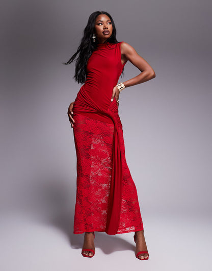 Lace Fabric Mix High Neck Maxi Dress With Chunky Tie Waist