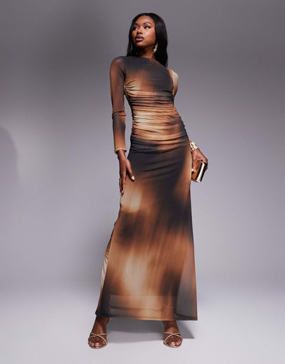 Mesh Long Sleeve Ruched Maxi Dress