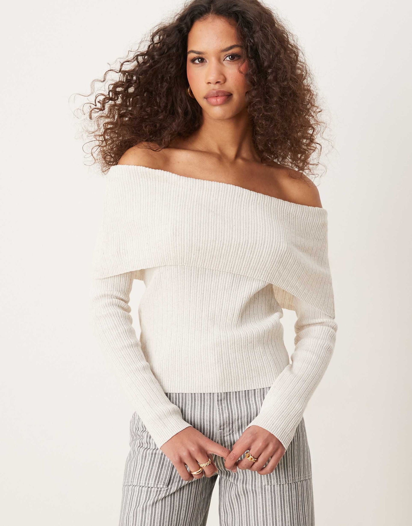 Linen Blend Knitted Bardot Top