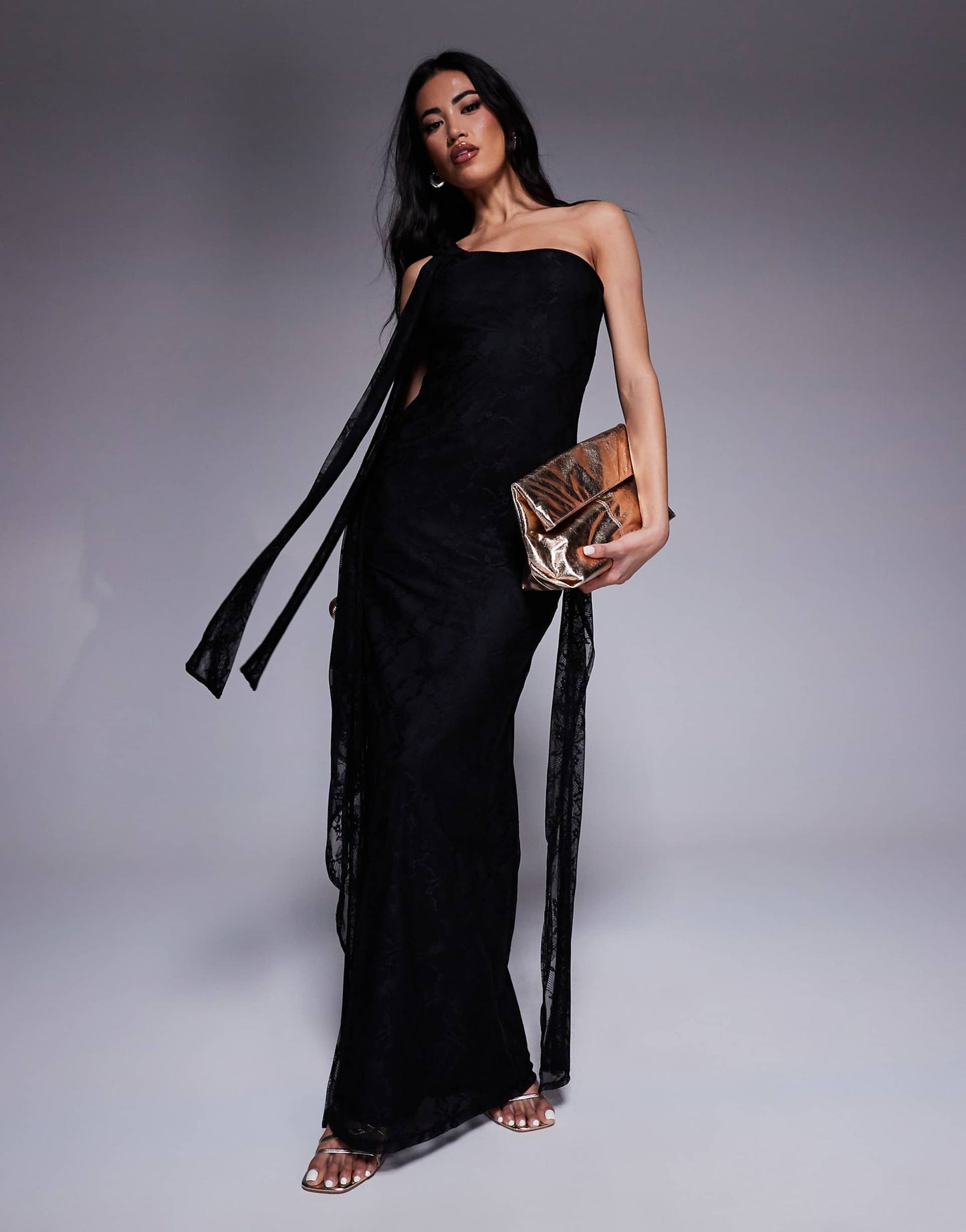 One Shoulder Lace Maxi Dress With Knotted Skirt Detailing