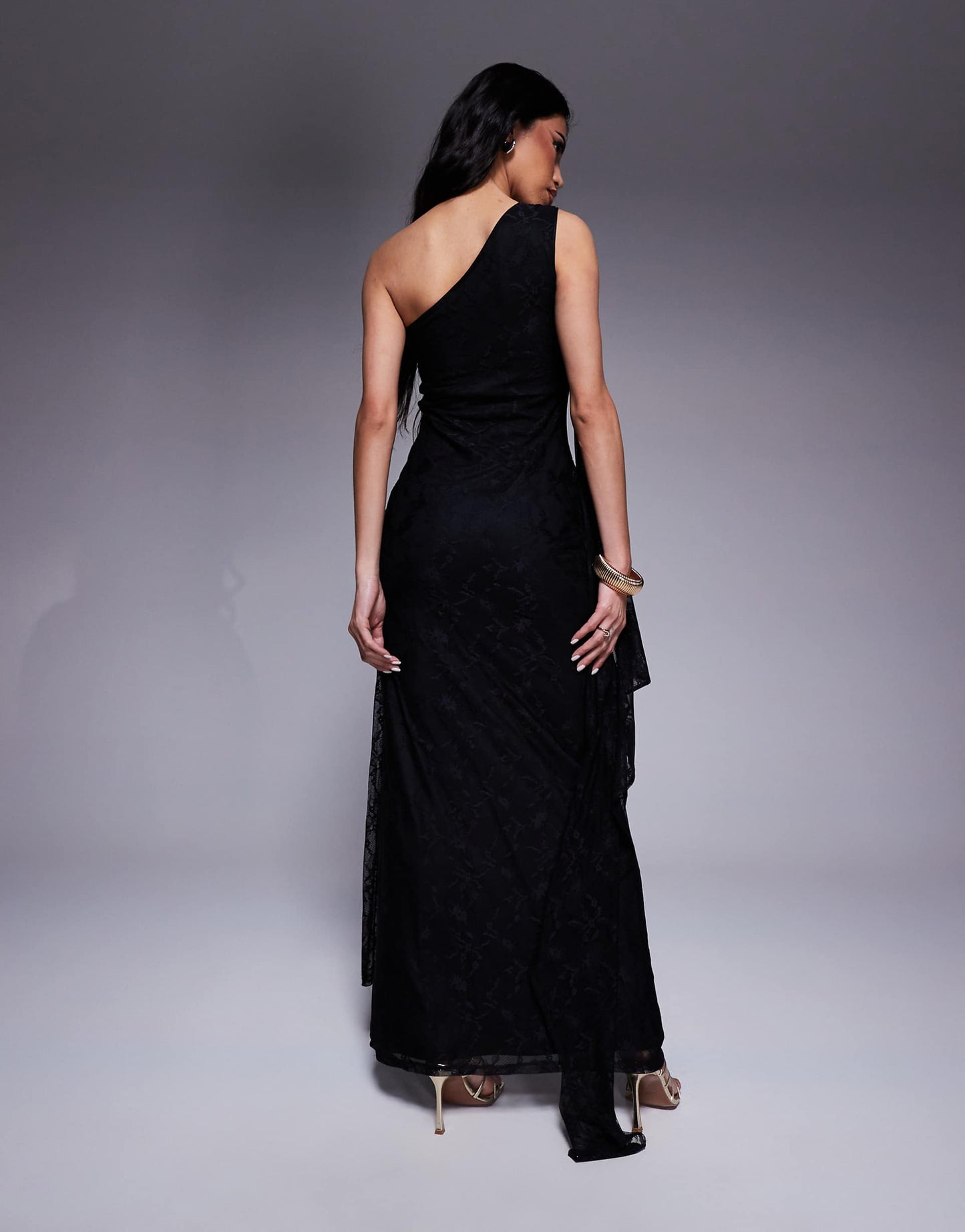 One Shoulder Lace Maxi Dress With Knotted Skirt Detailing