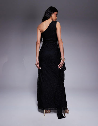 One Shoulder Lace Maxi Dress With Knotted Skirt Detailing