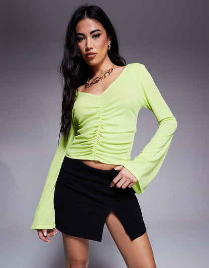 Mesh Plunge V Neck Top With Ruched Centre