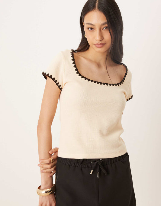 Square Neck Short Sleeve Waffle Top With Blanket Stitch