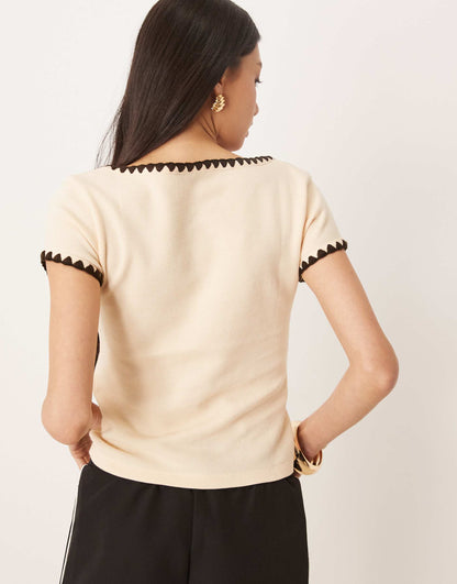 Square Neck Short Sleeve Waffle Top With Blanket Stitch