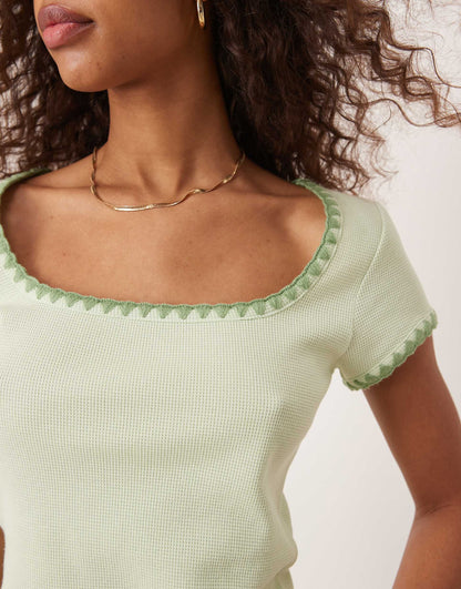 Square Neck Short Sleeve Waffle Top With Blanket Stitch