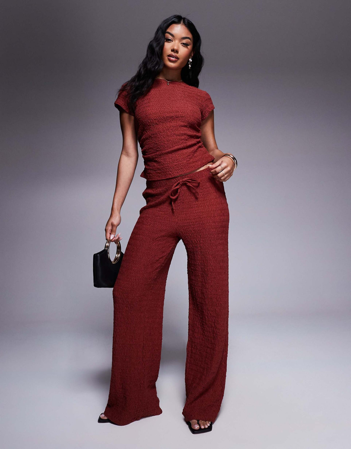 Textured Wide Leg Pull On Trousers