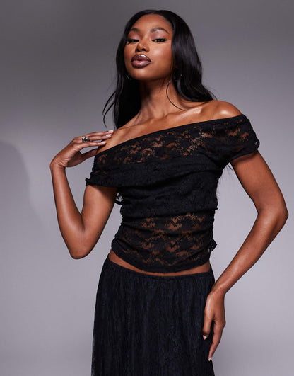 Lace Gathered Side Off Shoulder Top