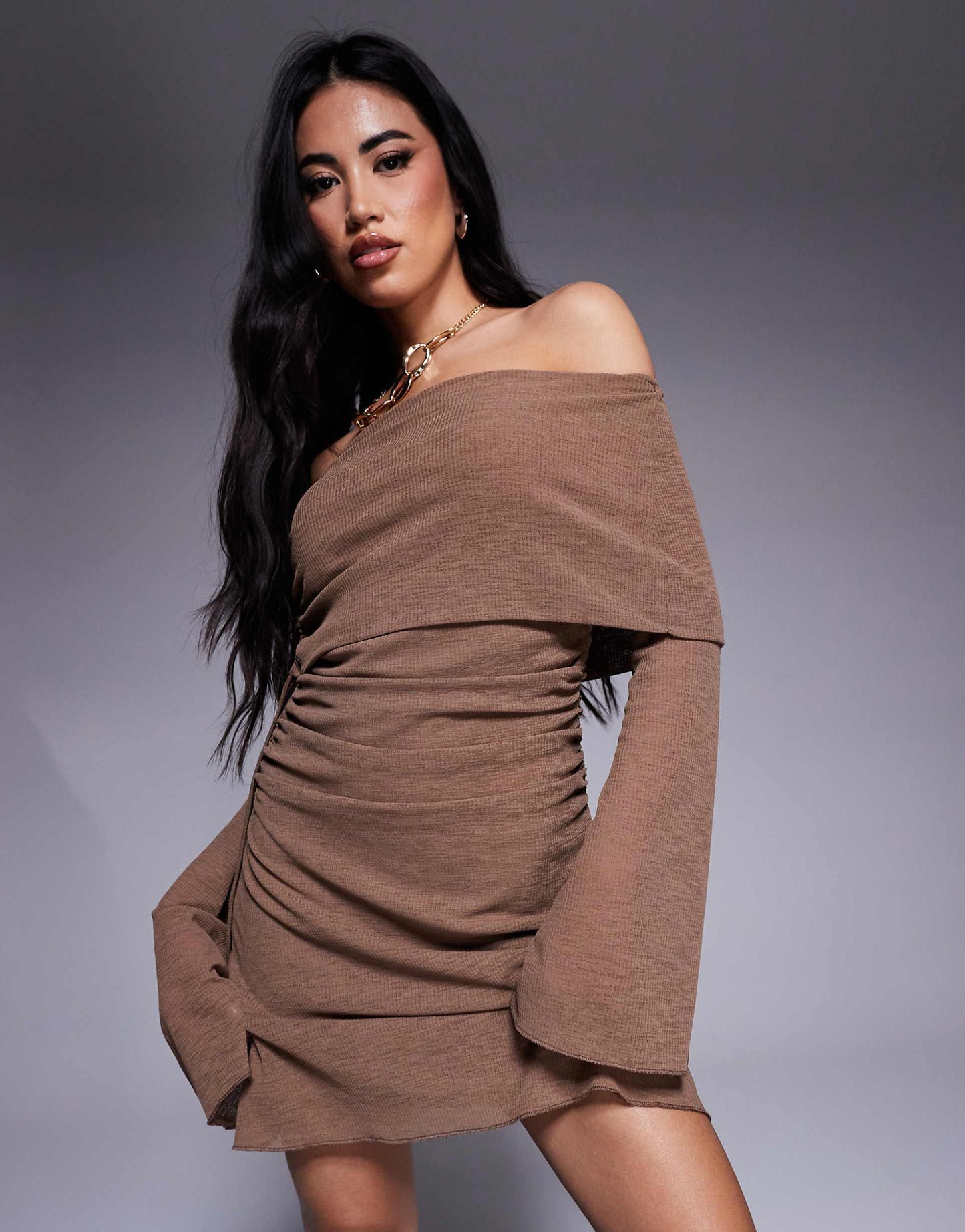 Ribbed Ruched Tie Bardot With Tie Mini Dress