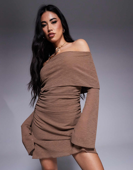 Ribbed Ruched Tie Bardot With Tie Mini Dress