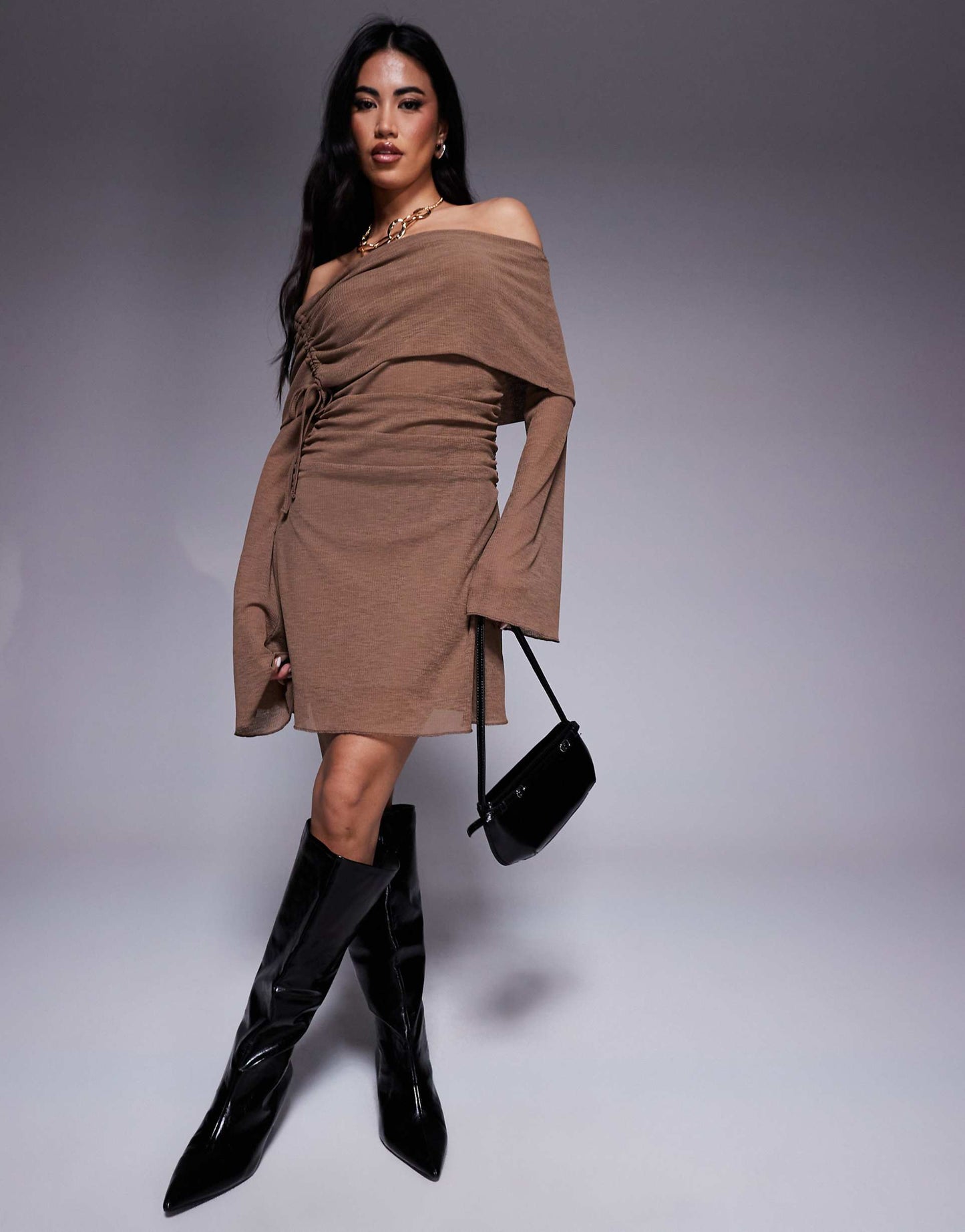 Ribbed Ruched Tie Bardot With Tie Mini Dress