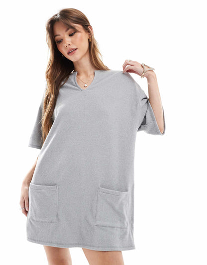 Ribbed Slouchy T-Shirt Mini Dress With Pockets