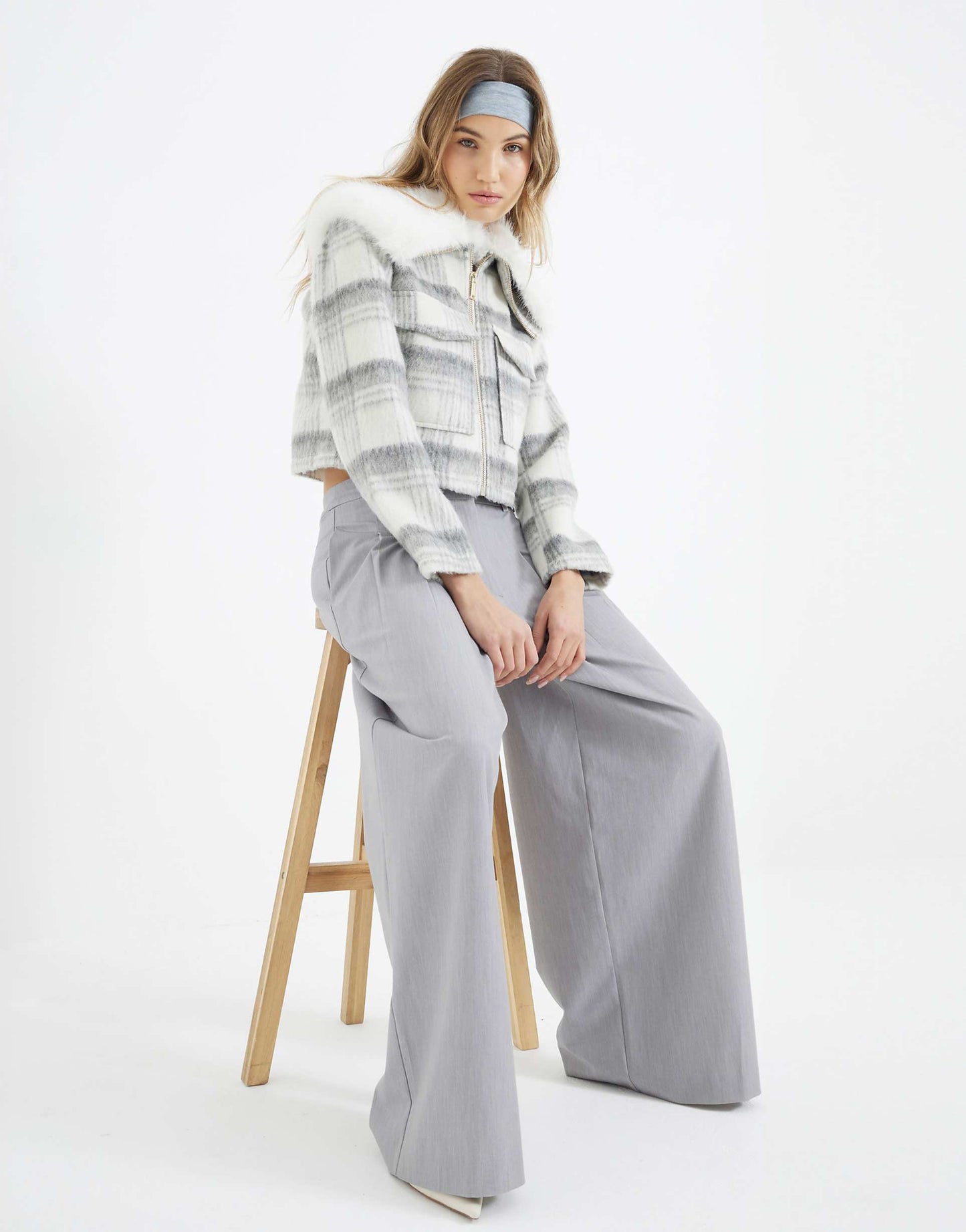 Check Faux Fur Collar Crop Jacket
