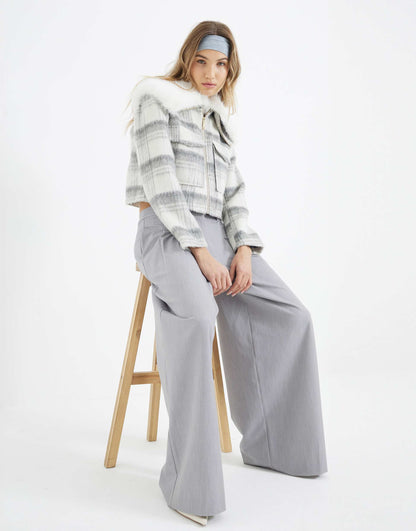 Check Faux Fur Collar Crop Jacket