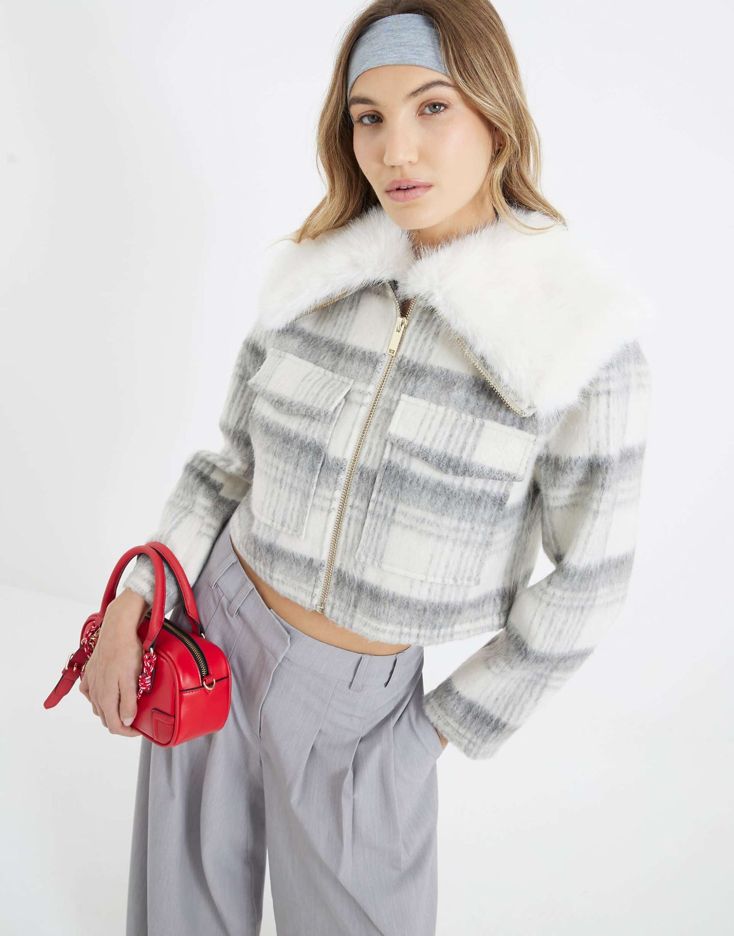 Check Faux Fur Collar Crop Jacket