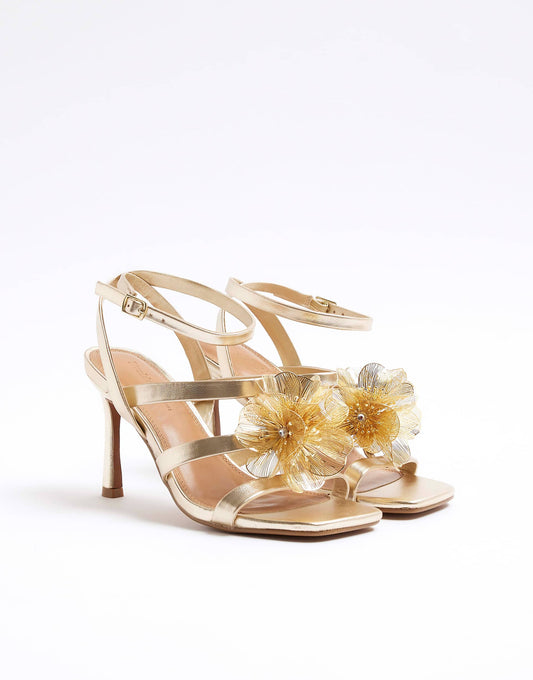 Faux Leather Floral Trim Heeled Sandals
