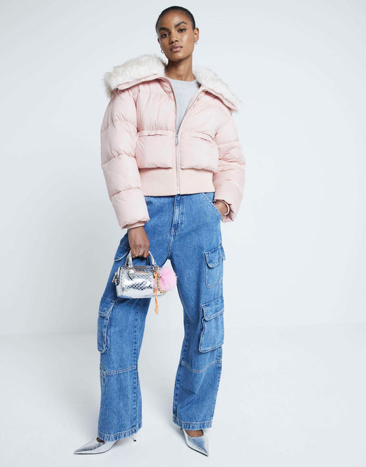 Padded Faux Fur Trim Bomber Jacket