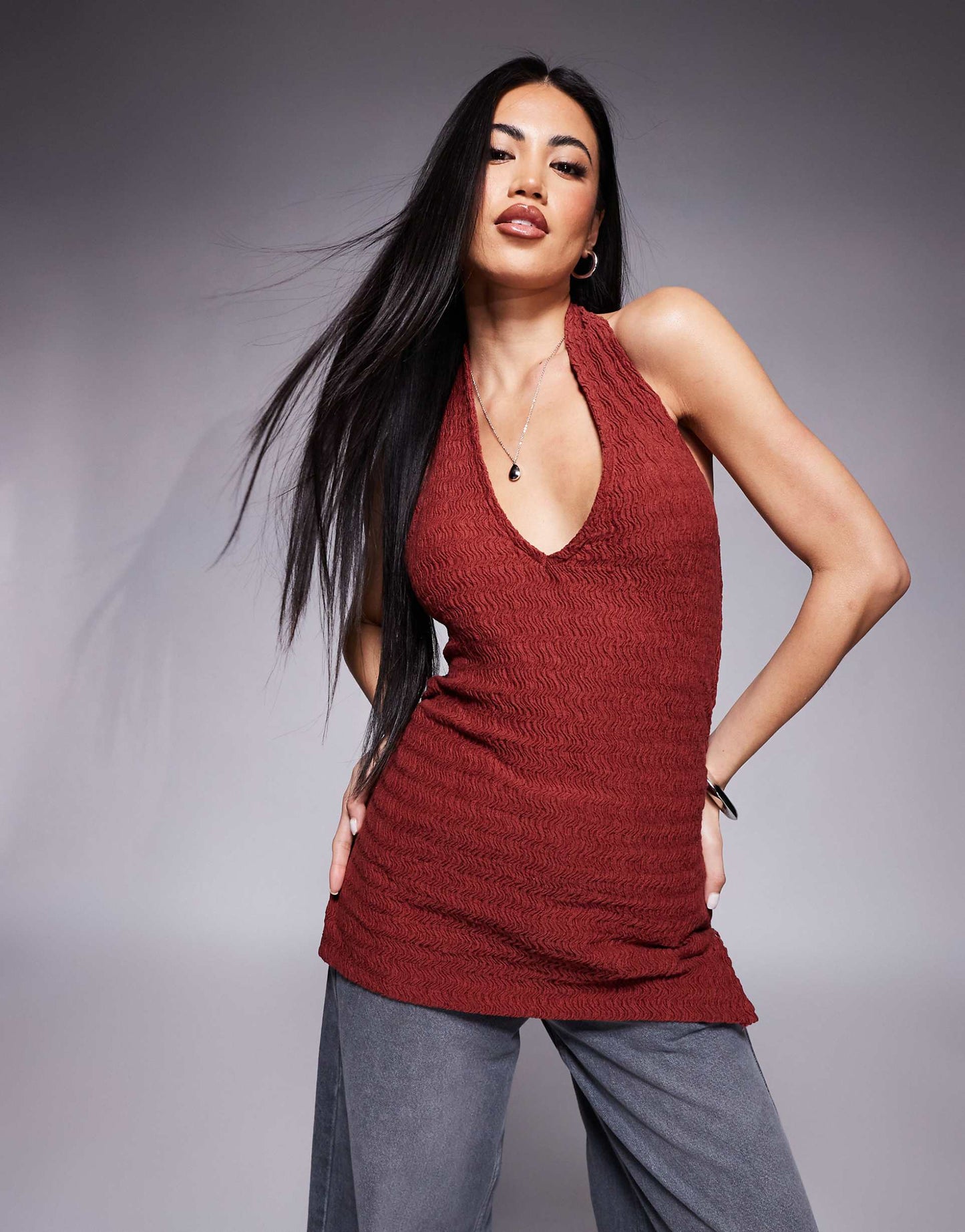 Halter Gathered Side Textured Top