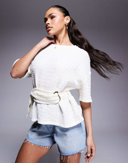 Wavey Texture Batwing Top With Gold Trim Detail