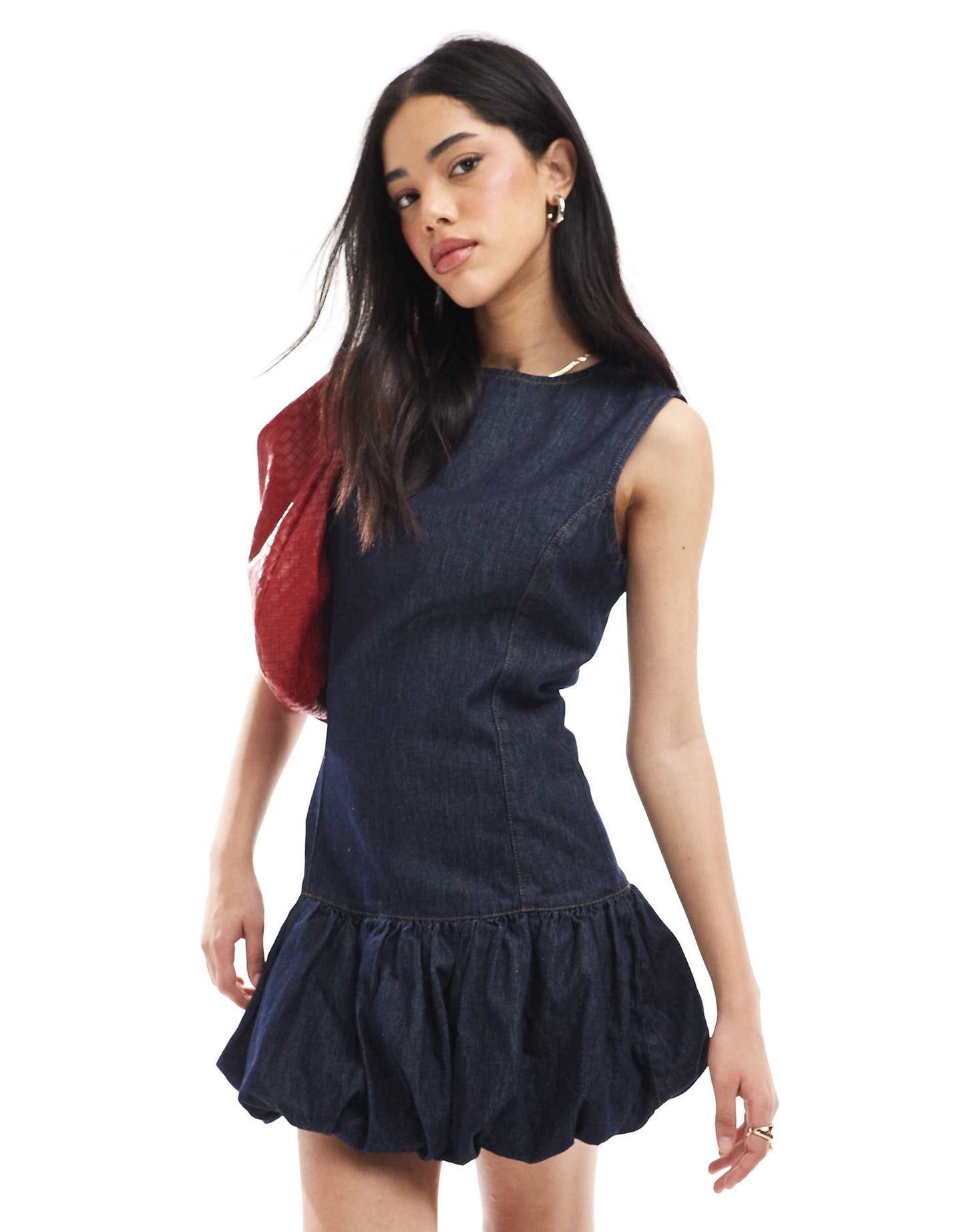 Denim Puffball Mini Dress With Dropped Waist