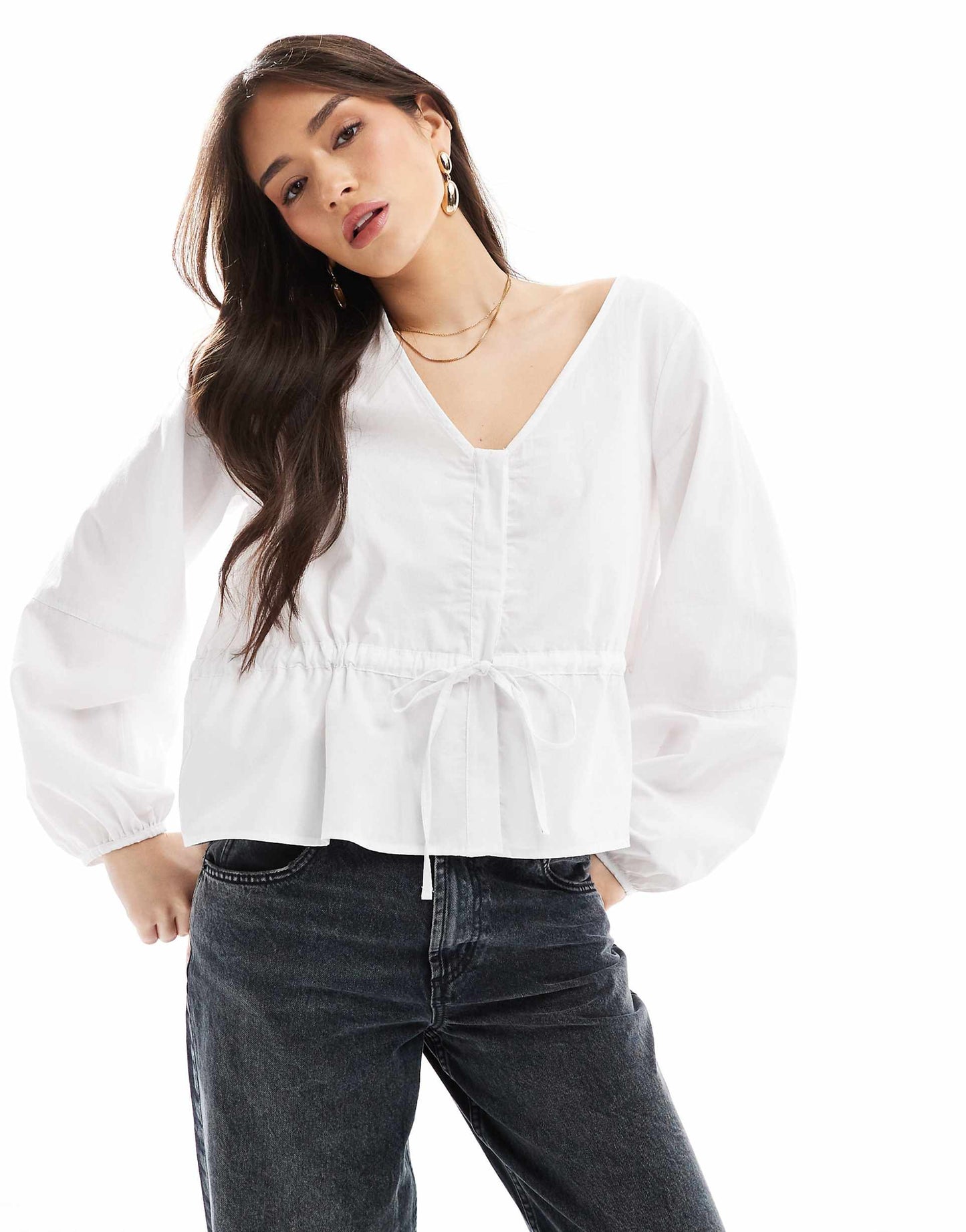 Poplin Drawstring Waist Cocoon Sleeve Blouse