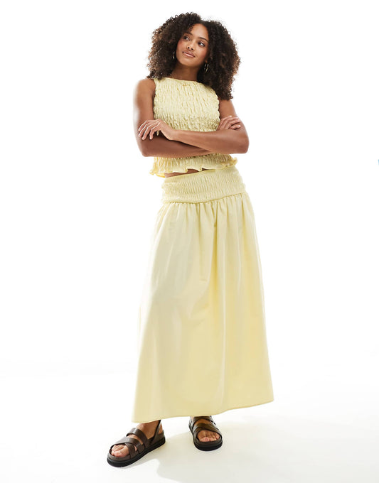 Linen Blend Shirred Waist Maxi Skirt