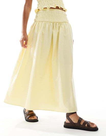 Linen Blend Shirred Waist Maxi Skirt