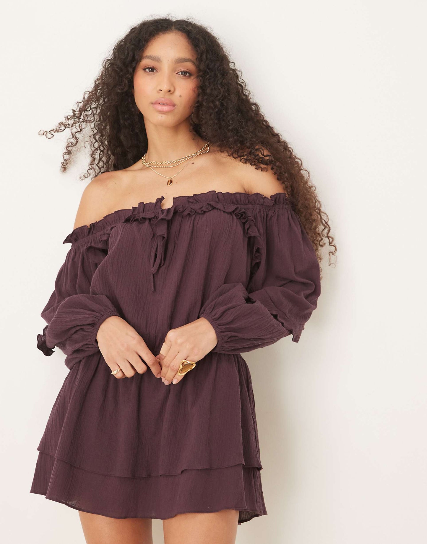 Cotton Bardot Ruffle Mini Dress