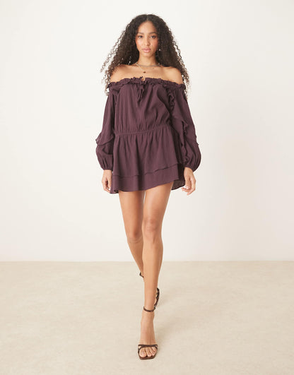 Cotton Bardot Ruffle Mini Dress