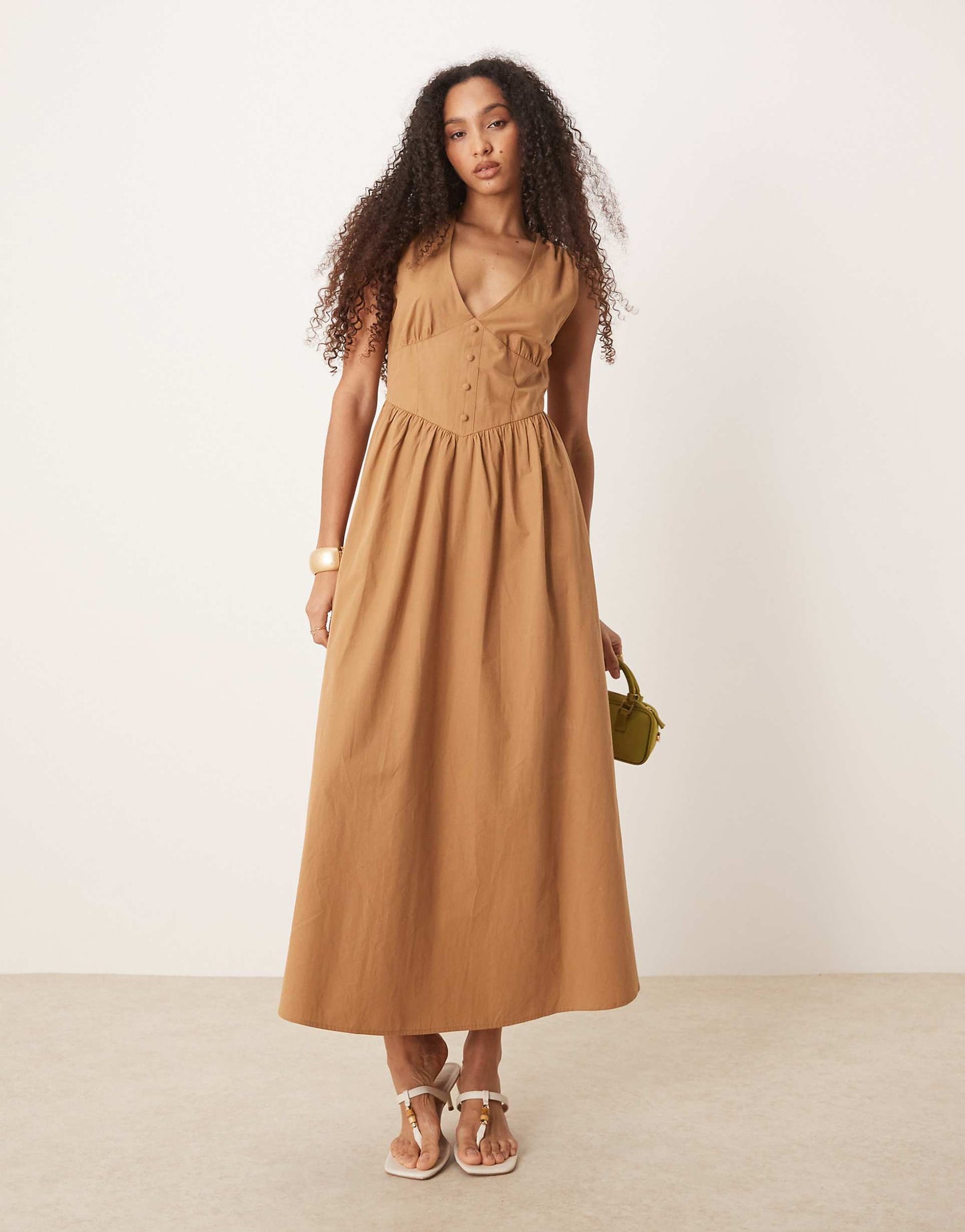 V Nek Waisted Button Down Midi Dress