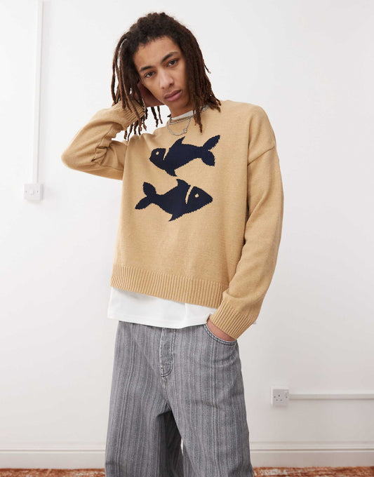 Crew Neck Knitted Jumper With Fisherman Print