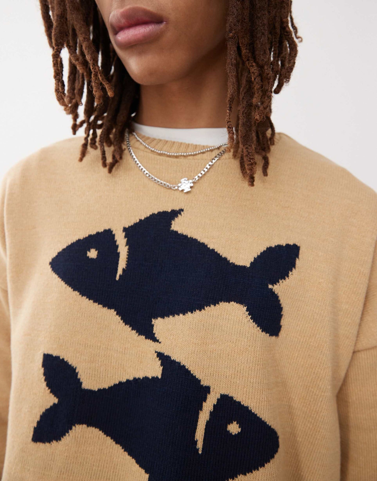 Crew Neck Knitted Jumper With Fisherman Print