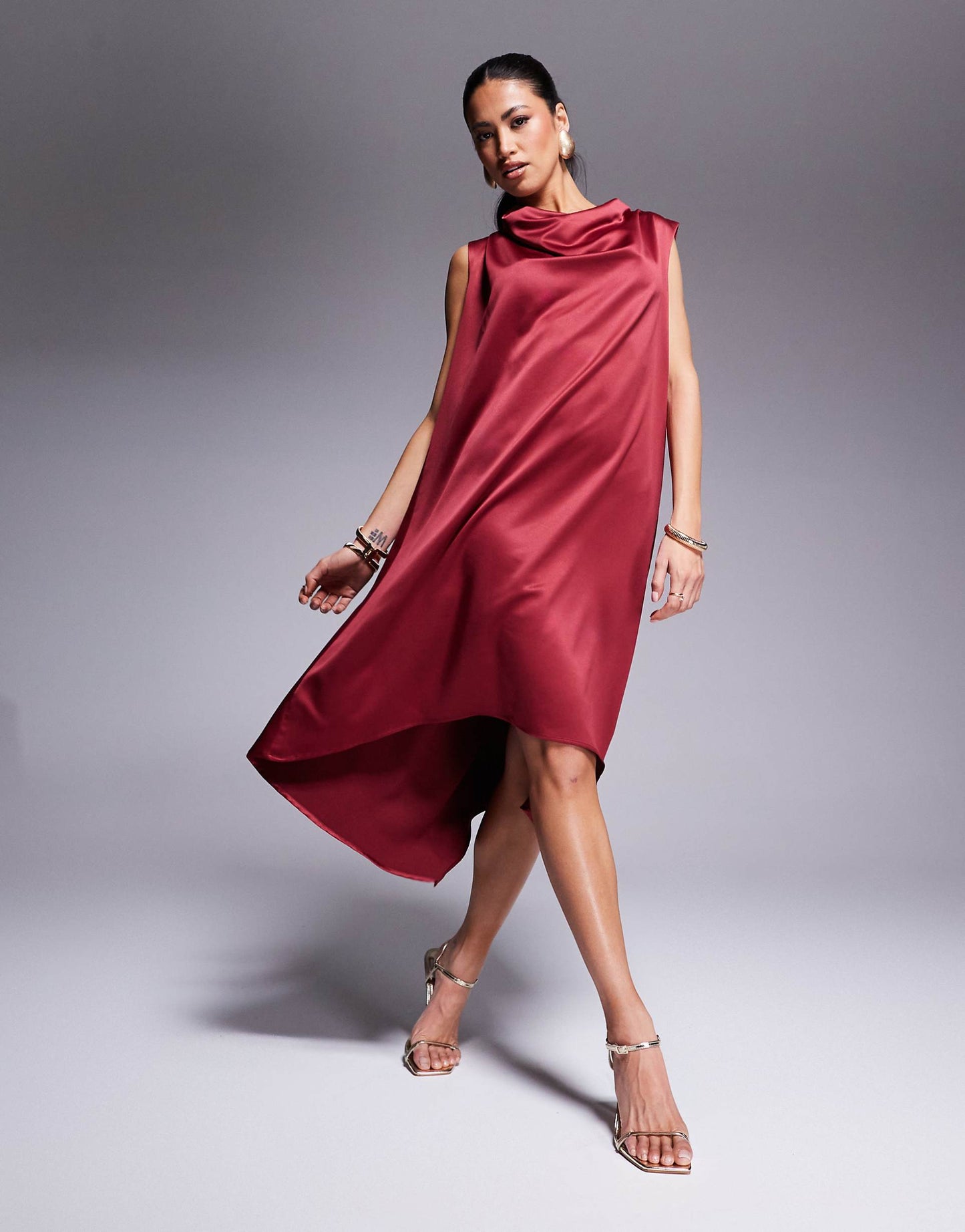 Cowl Neck Back Wing Satin High Low Midi Dress