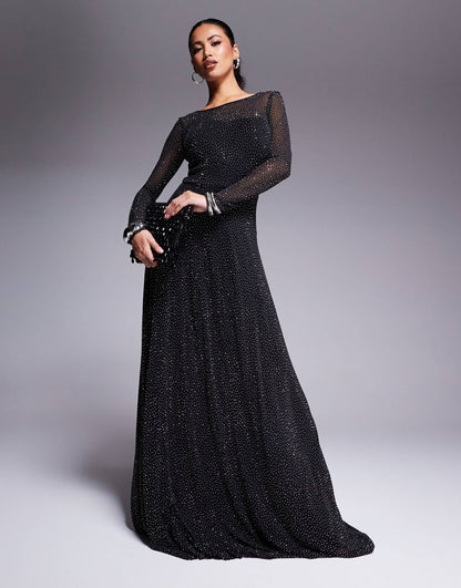 Hotfix Diamante Mesh A Line Long Sleeve Maxi Dress