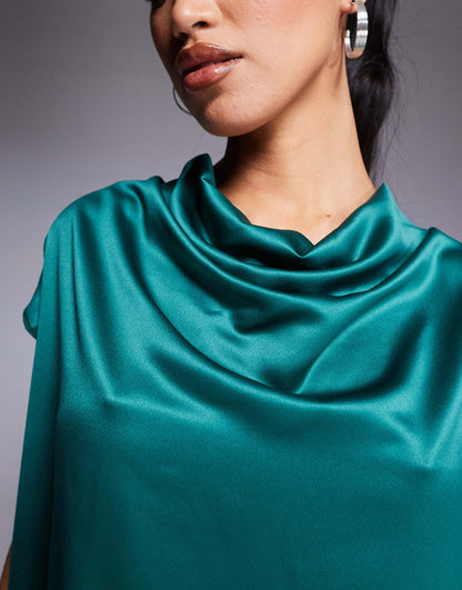 Cowl Neck Back Wing Satin High Low Midi Dress