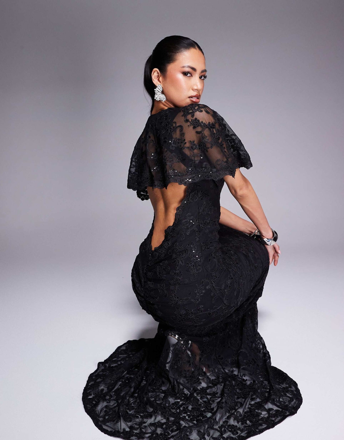 Scalloped Cape Open Back Lace & Sequin Maxi Dress