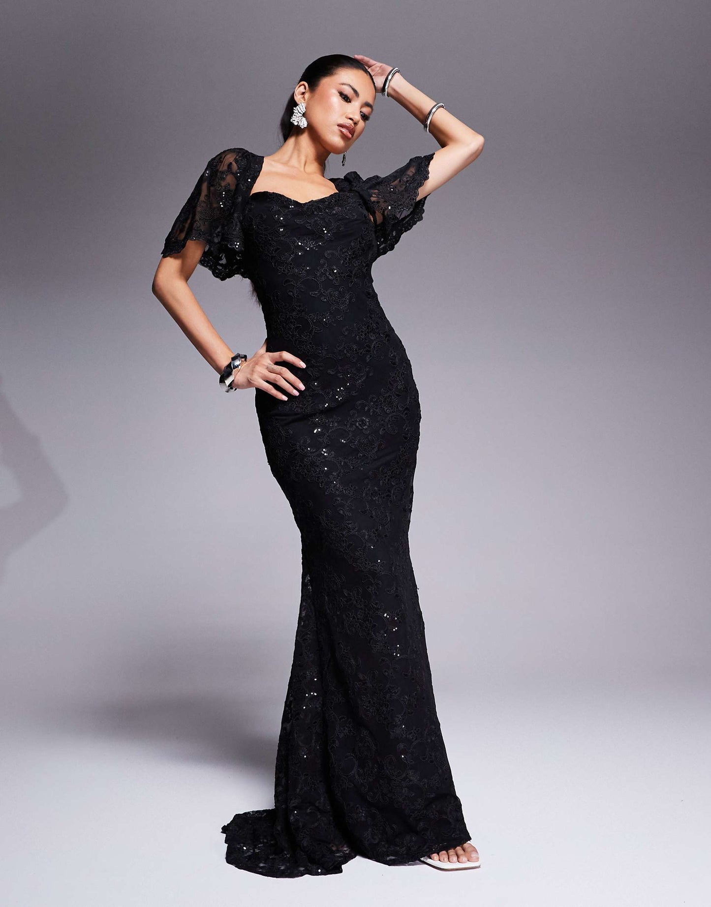 Scalloped Cape Open Back Lace & Sequin Maxi Dress