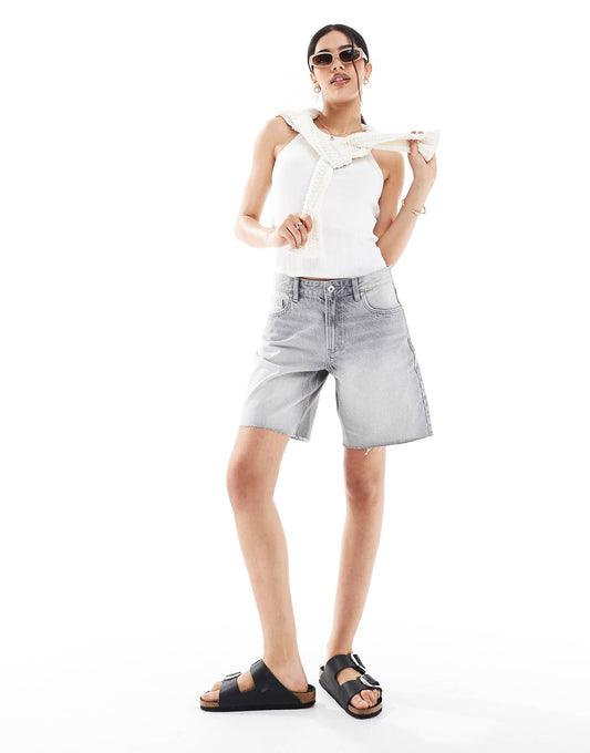 High Waisted Raw Hem Longline Denim Shorts