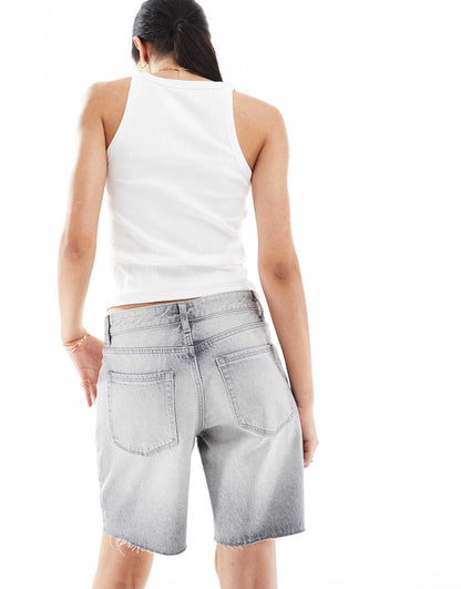 High Waisted Raw Hem Longline Denim Shorts