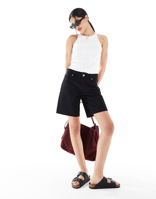 High Waisted Raw Hem Longline Denim Shorts