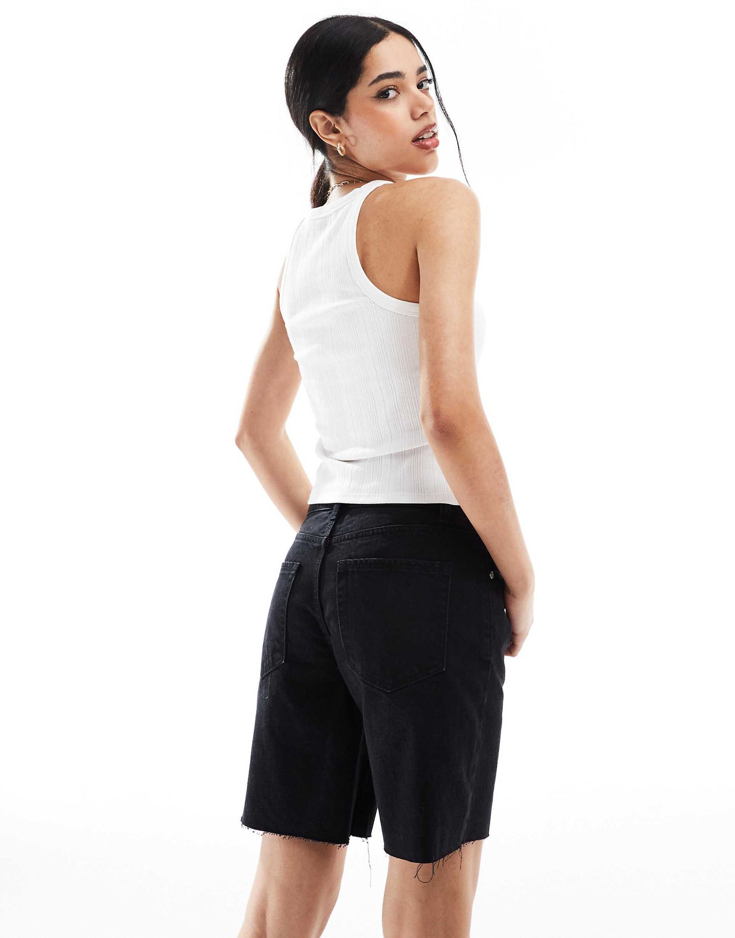 High Waisted Raw Hem Longline Denim Shorts