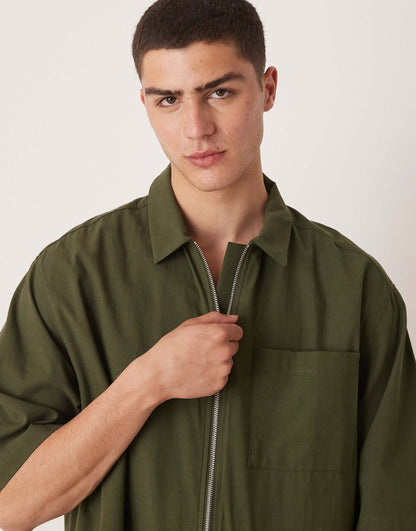 Oversized Boxy Zip Through Shirt