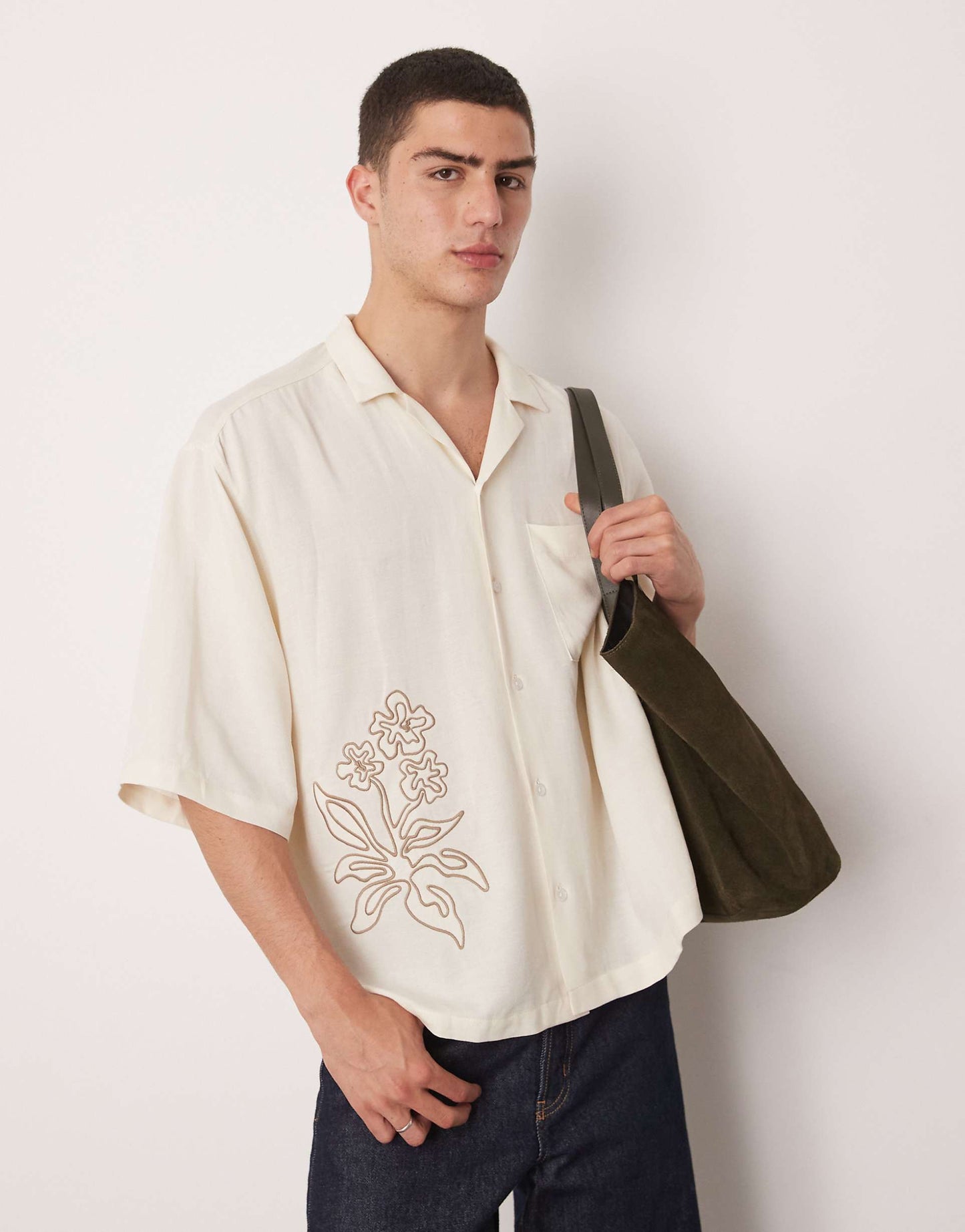 Oversized Boxy Linen Look Shirt With Embroidery