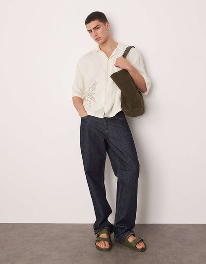 Oversized Boxy Linen Look Shirt With Embroidery