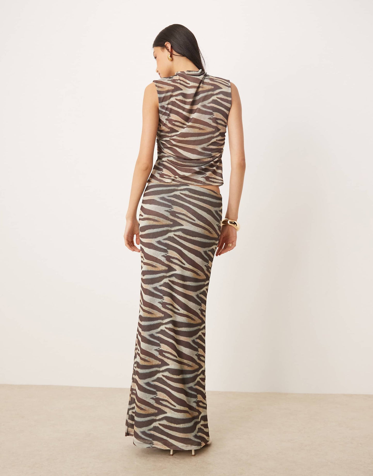 Printed Mesh Zebra Maxi Low Rise Skirt Co Ord