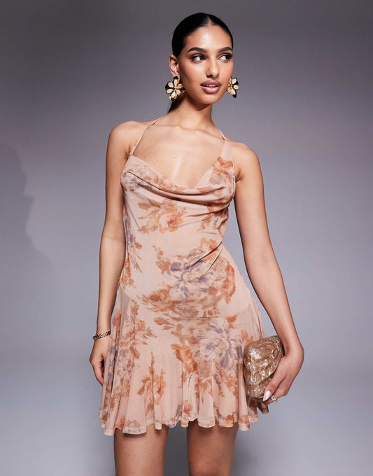 Mesh Asymmetric Cowl Mini Dress With Pleated Skirt